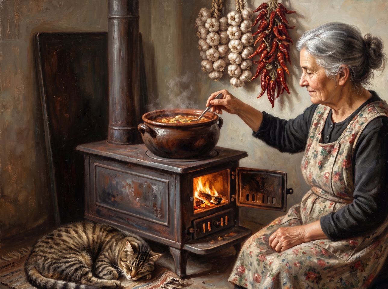Una abuela con delantal de flores remueve una olla de barro en la cocina de leña; a su lado, un gato atigrado duerme sobre una alfombra.