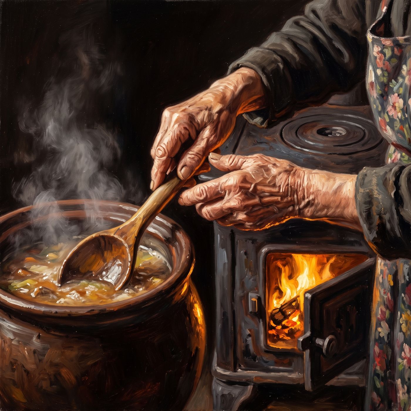 Manos arrugadas de una abuela removiendo con cuchara de palo una olla de barro junto al fuego.