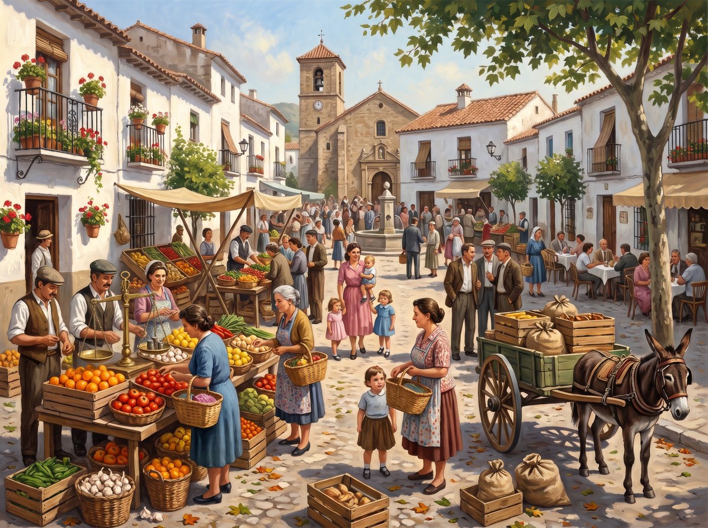 Plaza de un pueblo blanco con mercado: puestos de naranjas y tomates, una báscula de platos, un burro con carro y la iglesia al fondo.