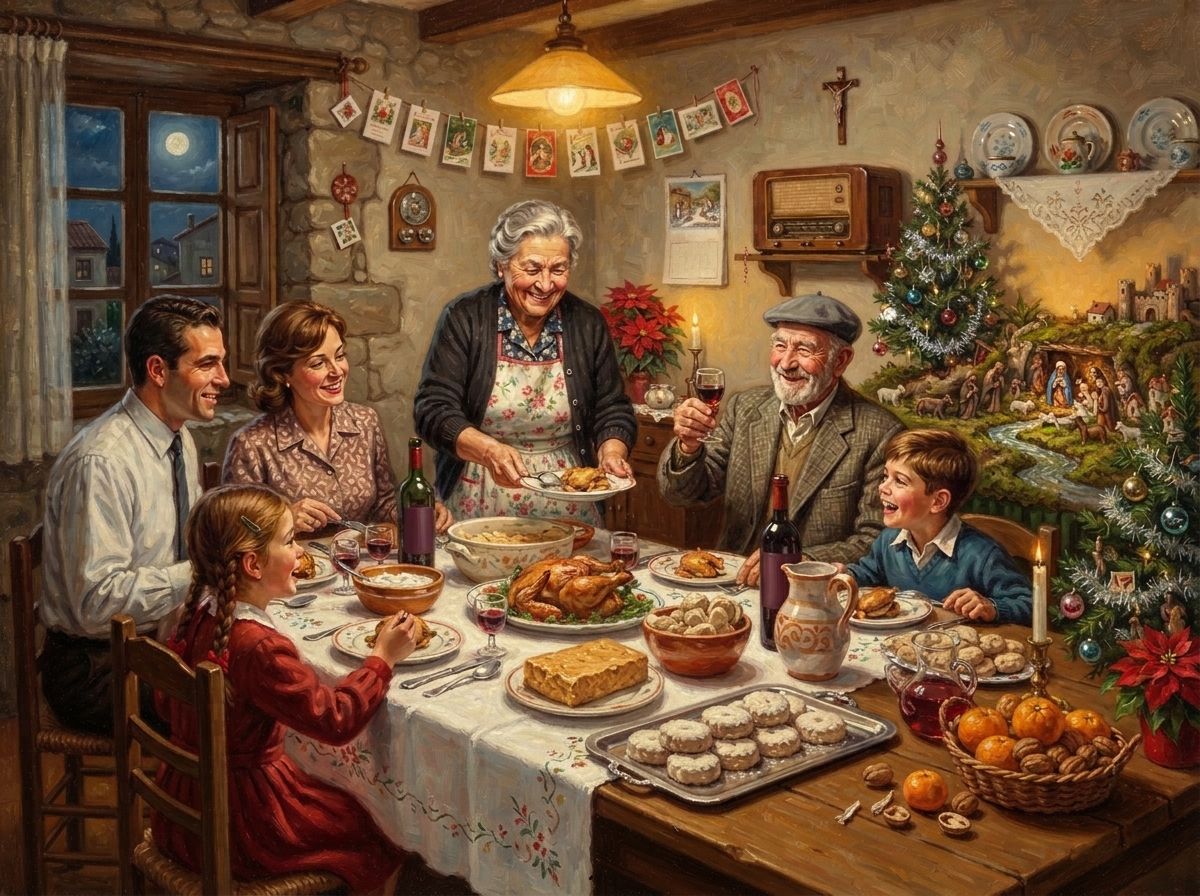 Ilustración al óleo de una cena de Nochebuena de los años 60: la abuela sirve la mesa, el abuelo con boina brinda, los niños ríen y al fondo hay un belén con río y castillo.